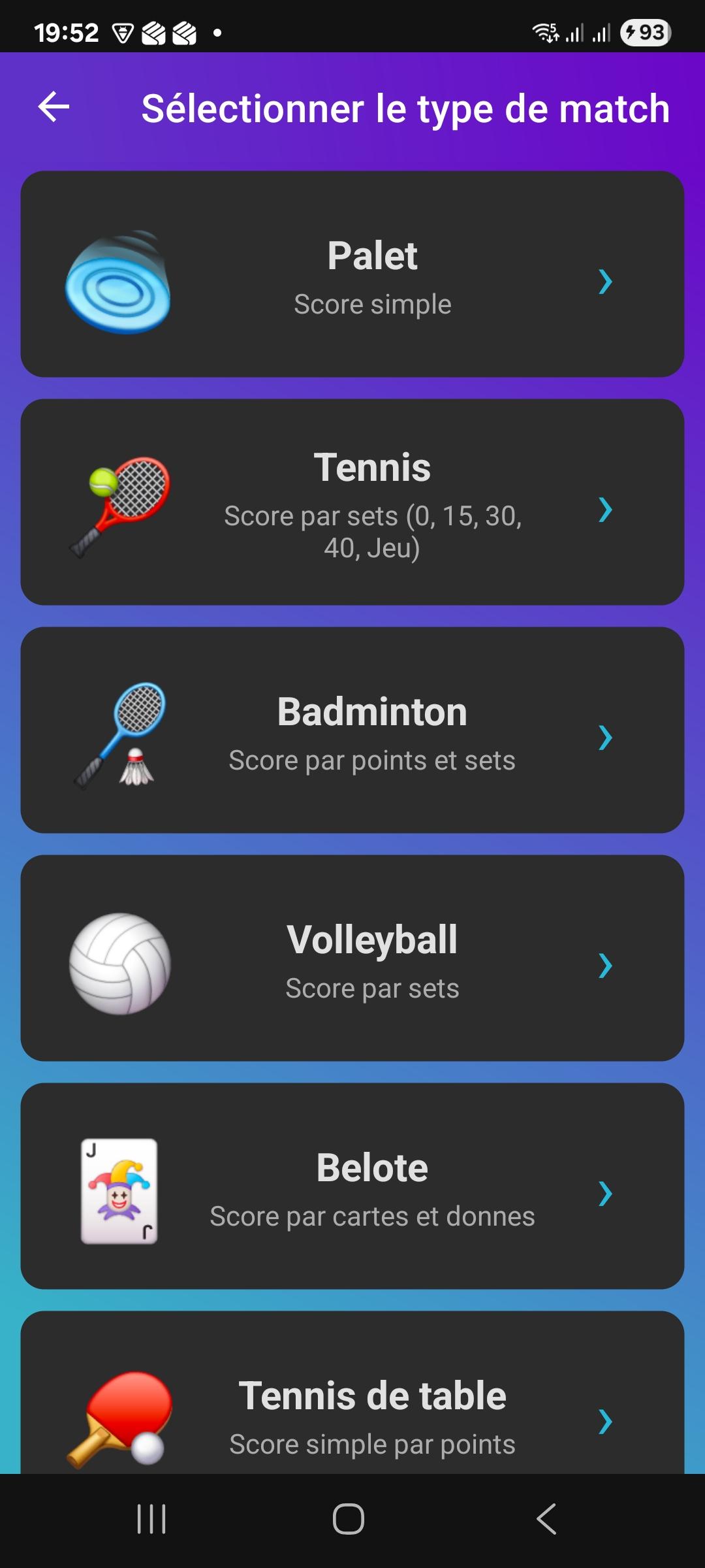 Menu des sports